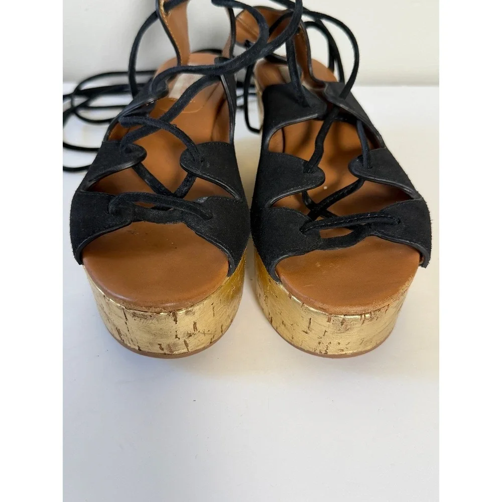 CHLOE See By Chloe Liana Wedge Sandal 6 Black Suede/Gold Cork Platform Gladiator
